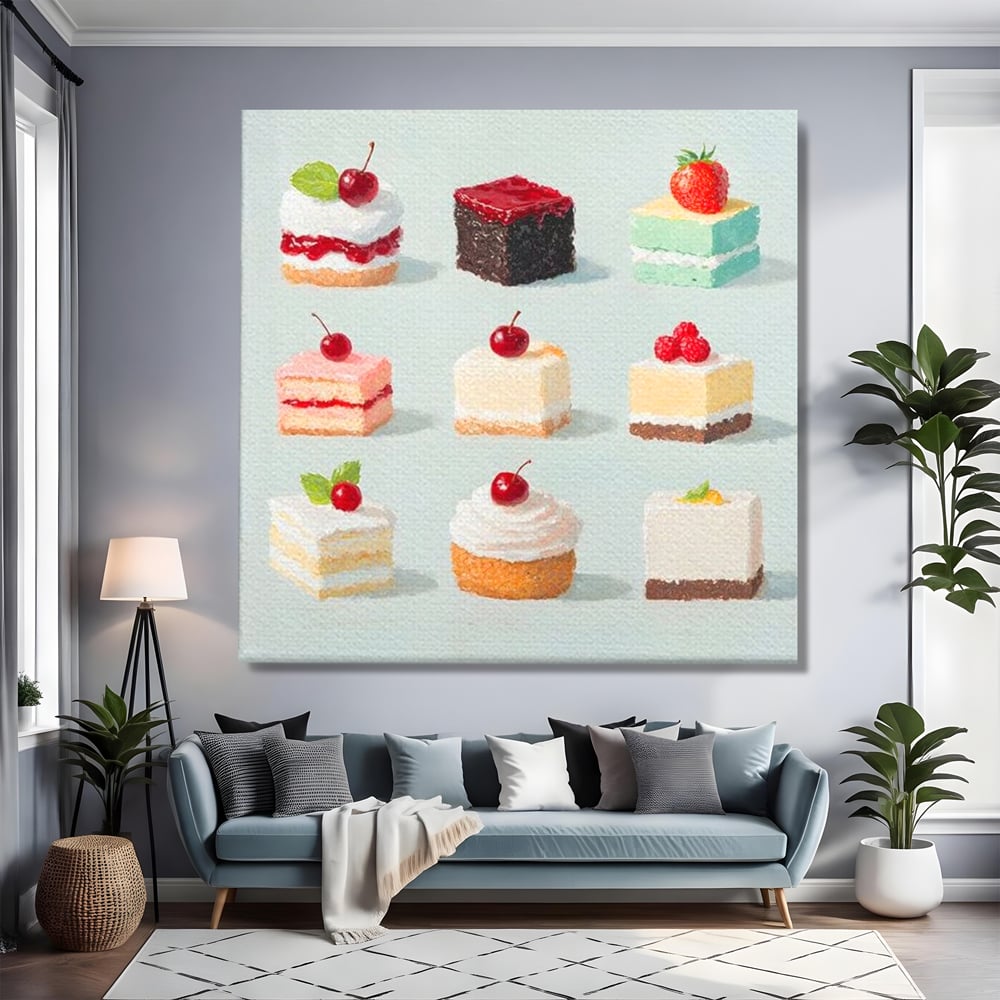 Tablou canvas cu pictura cu prajituri si fructe, fara rama, pe sasiu de lemn, pe perete intr-un living